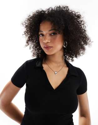 Miss Selfridge rib polo top in black