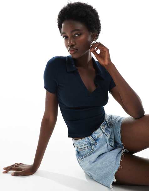 Miss Selfridge rib polo top in navy - view 1