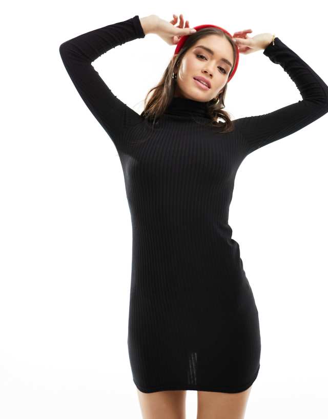 Miss Selfridge - rib roll neck mini dress in black