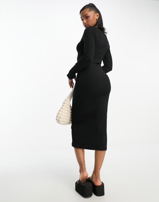 Miss Selfridge rib scoop neck maxi dress in black, 3 of 4