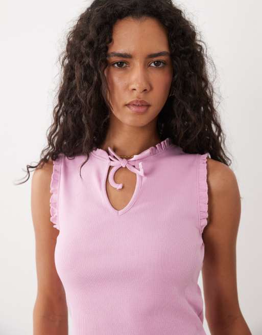 Miss Selfridge rib sleeveless keyhole top in mauve, 3 of 4
