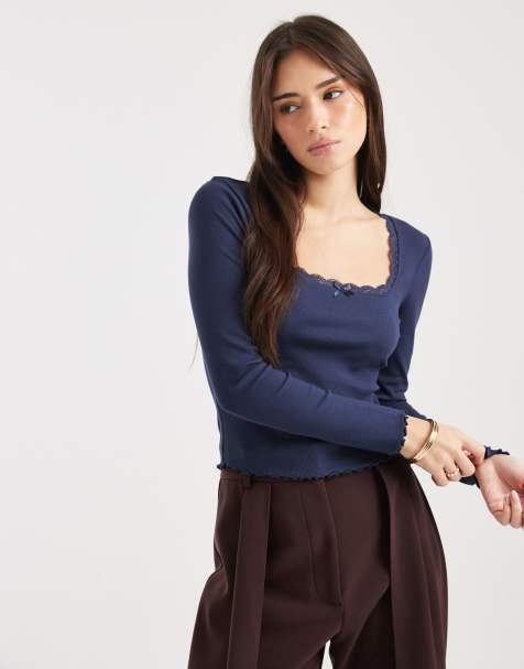 Miss Selfridge rib square neck top in navy - view 1