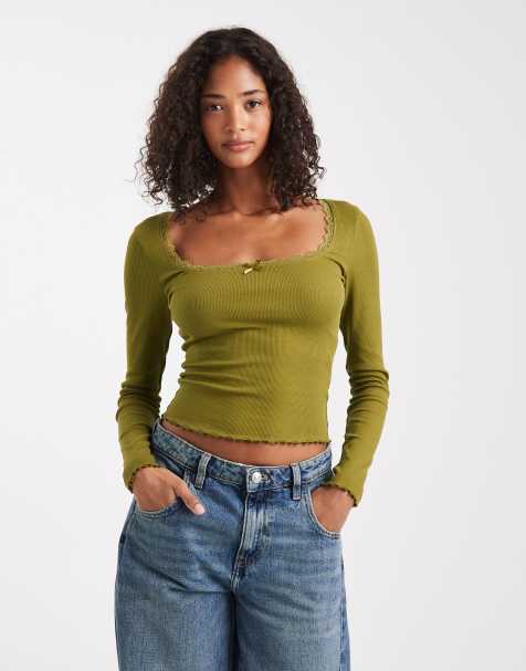 Miss Selfridge rib square neck top in olive - view 1