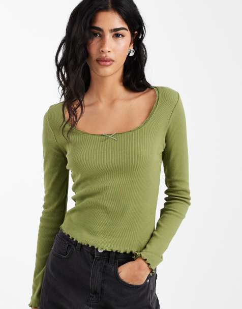 Miss Selfridge rib square neck top in olive