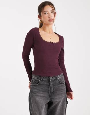 Miss Selfridge rib square neck top in plum | ASOS