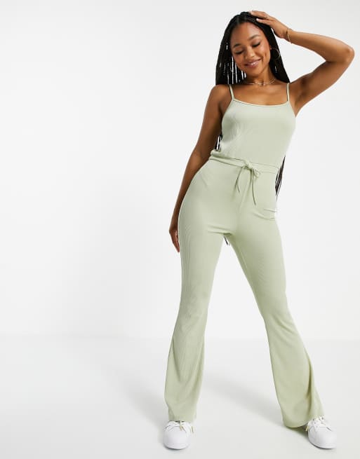 Miss Selfridge rib strappy jumpsuit in sage