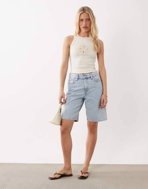 Miss Selfridge rib tank top with embroidered trim in cream , 2 of 4