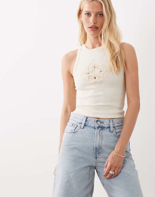 Miss Selfridge rib tank top with embroidered trim in cream , 3 of 4