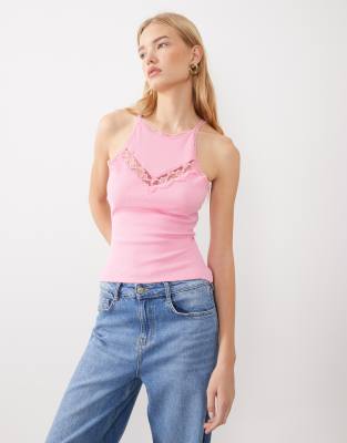 Miss Selfridge Rib Tank With Lace Insert In Pink