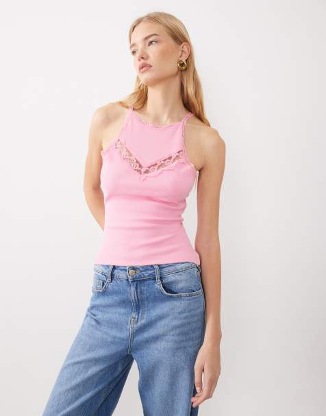Miss Selfridge rib tank with lace insert in pink - view 1
