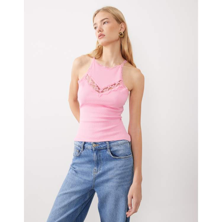 Miss Selfridge rib tank with lace insert in pink | ASOS