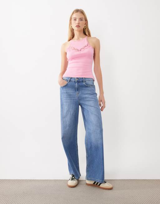 Miss Selfridge rib tank with lace insert in pink, 2 of 4
