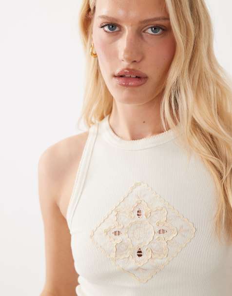 Miss Selfridge rib vest top with embroidered trim in cream - view 1