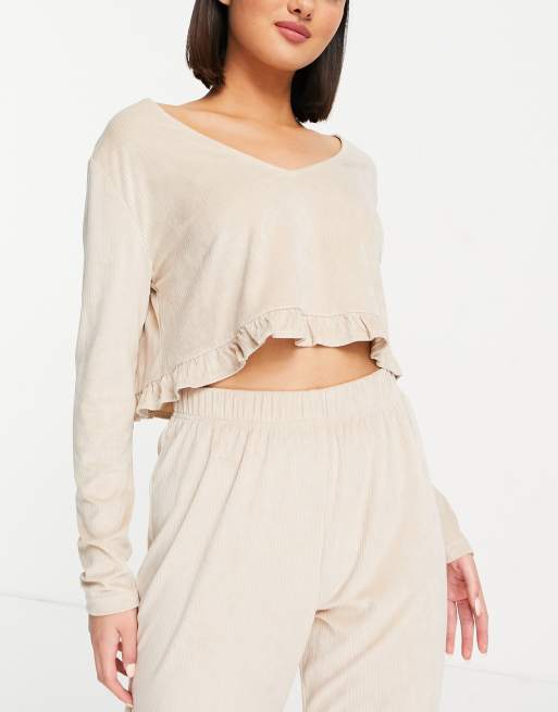 Miss Selfridge – Ribbad pyjamas i velour med crop top och byxor  , 2 av 4