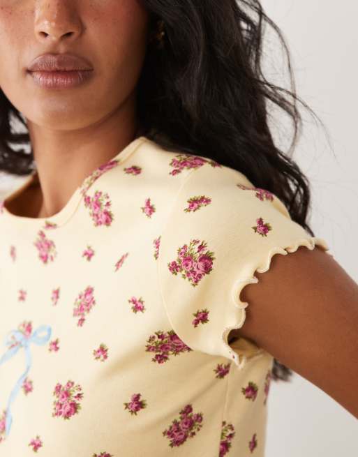 Miss Selfridge ribbed baby tee in buttermilk floral print, 3 of 4