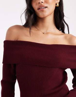 Miss Selfridge Ribbed Bardot Long Sleeve Knit Top In Burgundy