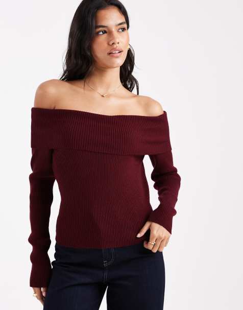 Miss Selfridge ribbed bardot long sleeve knitted top in fig - view 1