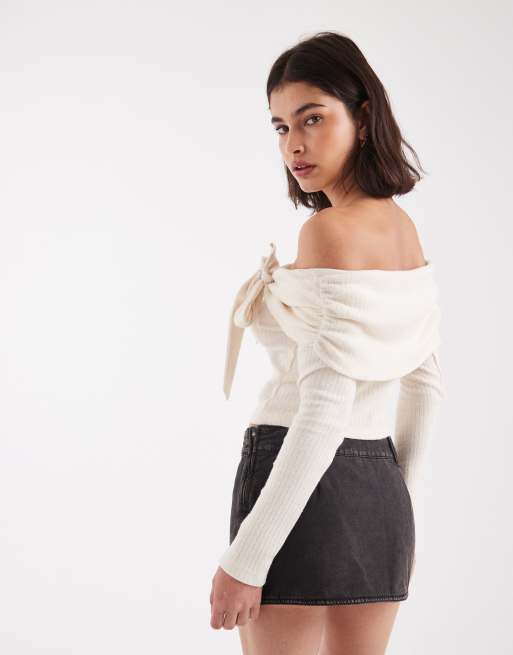 Miss Selfridge ribbed bardot with bow detail in cream, 4 of 4