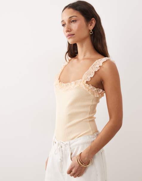 Miss Selfridge ribbed bodysuit with lace ruffle detail in peach - view 1
