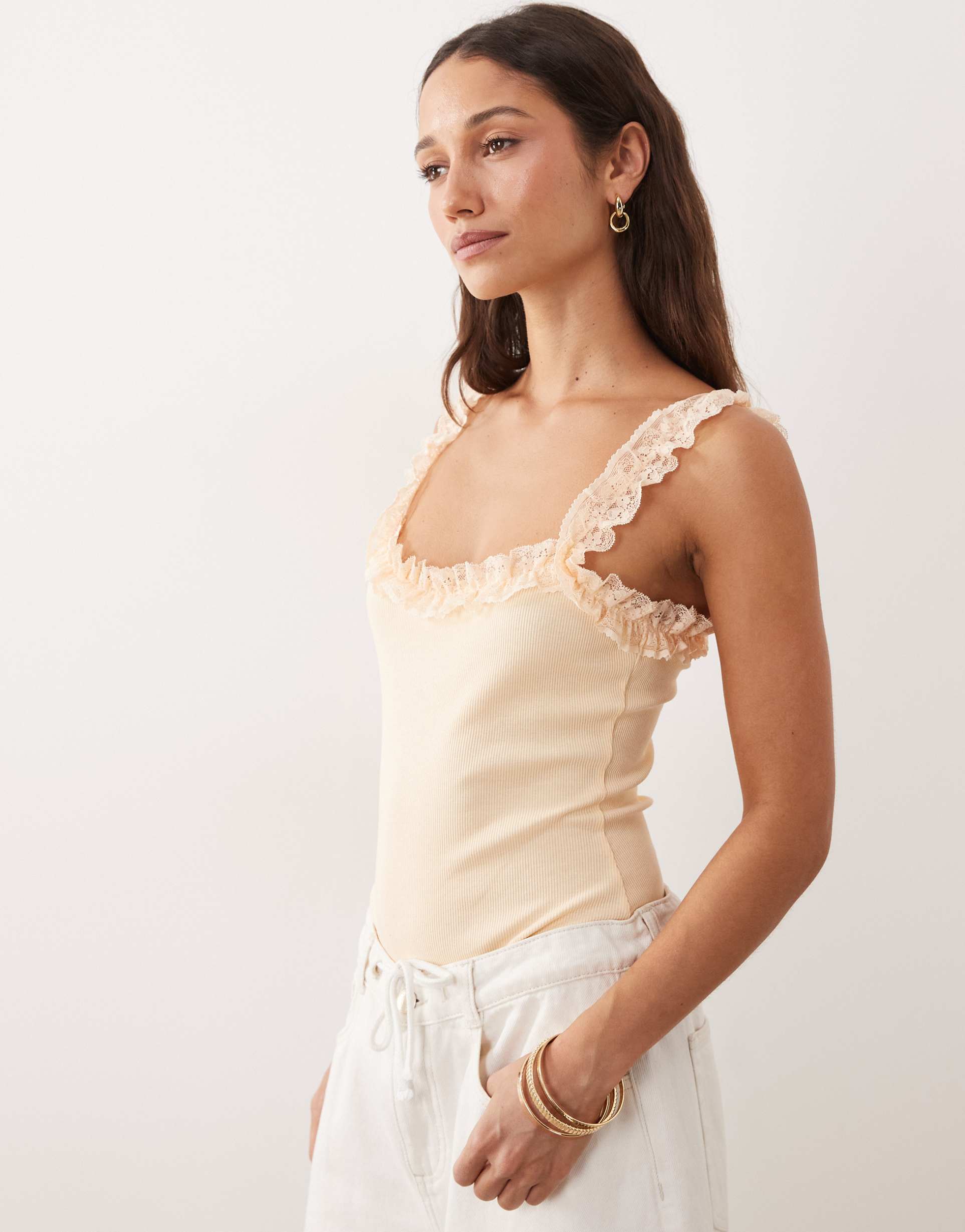 miss selfridge ribbed bodysuit with lace ruffle detail in peach