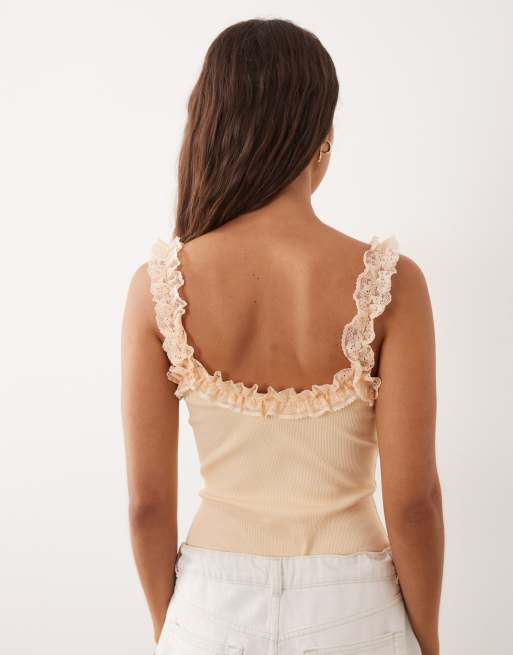 Miss Selfridge ribbed bodysuit with lace ruffle detail in peach, 2 of 4