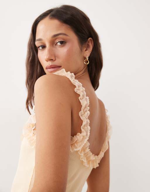 Miss Selfridge ribbed bodysuit with lace ruffle detail in peach, 3 of 4