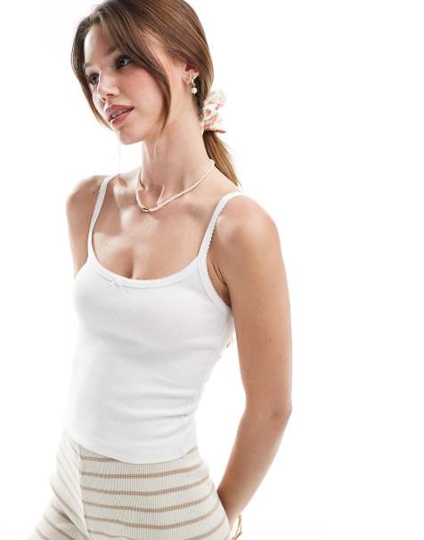 Miss Selfridge ribbed bow trim cami top in white - view 1