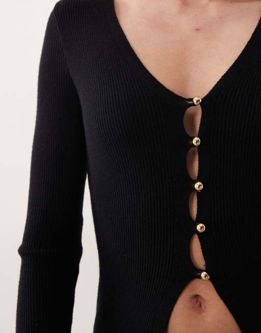 Miss Selfridge ribbed button through knitted longline cardigan, 3 of 4