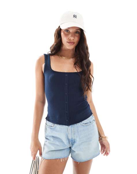 Miss Selfridge ribbed button-through sleeveless singlet in navy - view 1