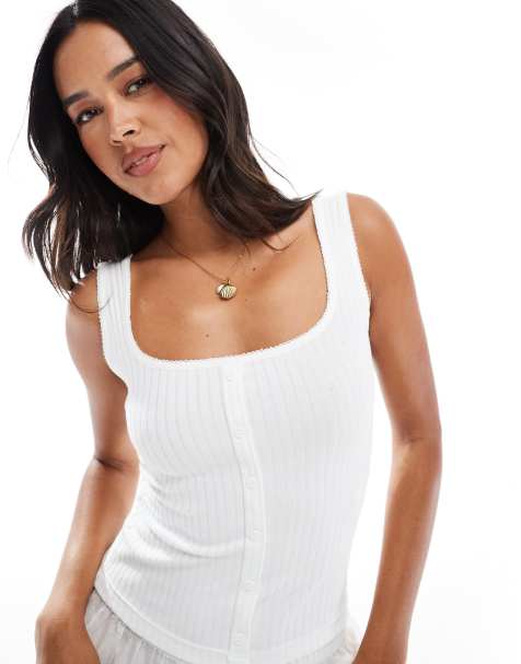 Miss Selfridge ribbed button through sleeveless vest in white - view 1