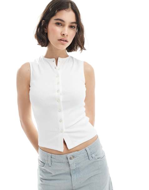 Miss Selfridge ribbed button through top in cream - view 1