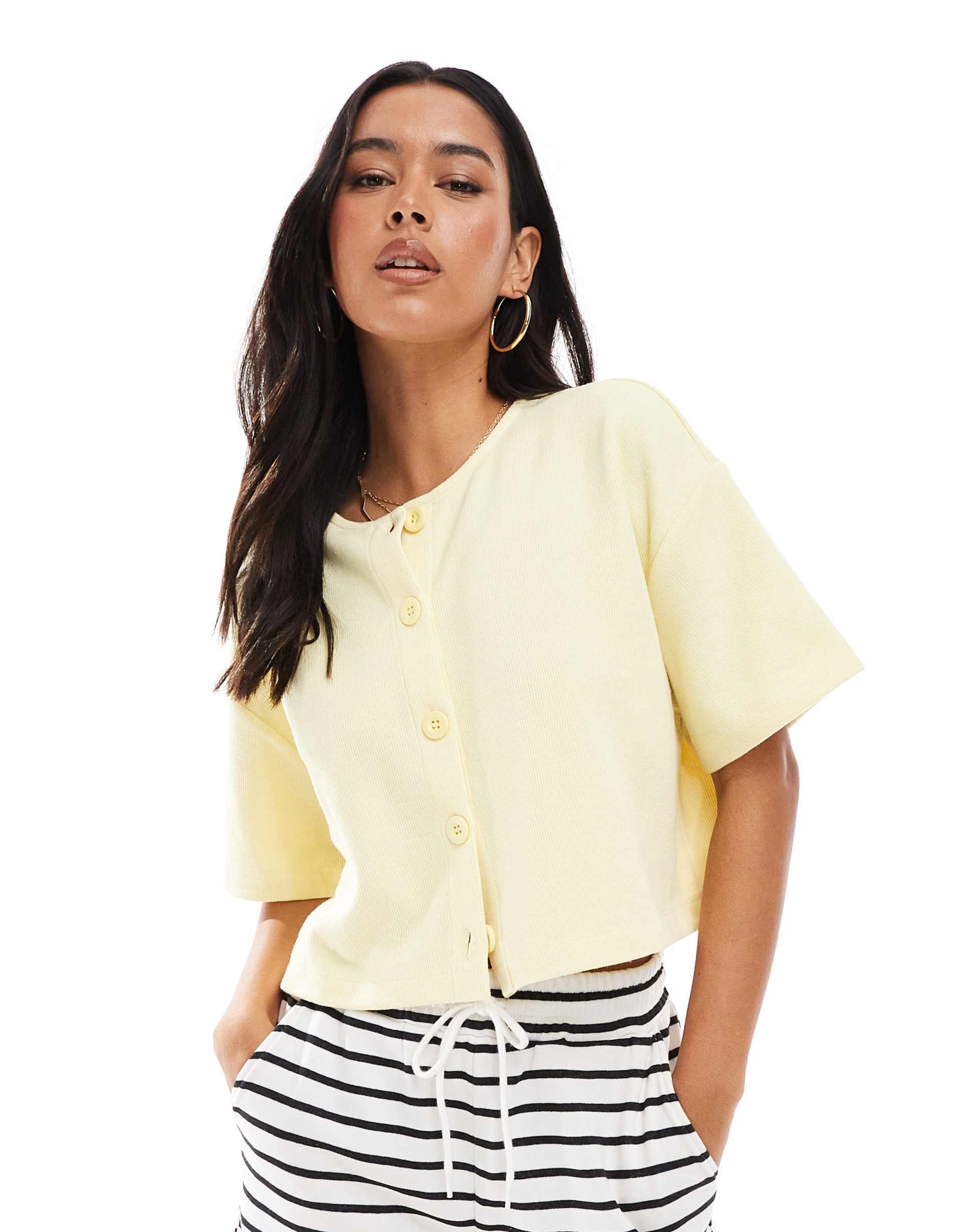 miss selfridge ribbed button up short sleeve cardigan in butter yellow - part of a set