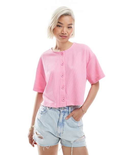 Miss Selfridge ribbed button up short sleeve cardigan in light pink - view 1
