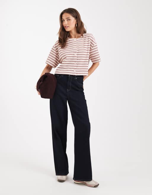 Miss Selfridge ribbed button up short sleeve cardigan in stripe, 2 of 4