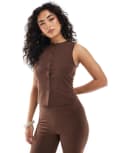 [Miss Selfridge] Miss Selfridge ribbed button up sleeveless top in chocolate (part of a set)-Brown L Brown