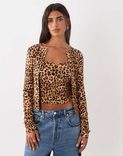 Miss Selfridge ribbed cardigan and cami set in animal print - view 1