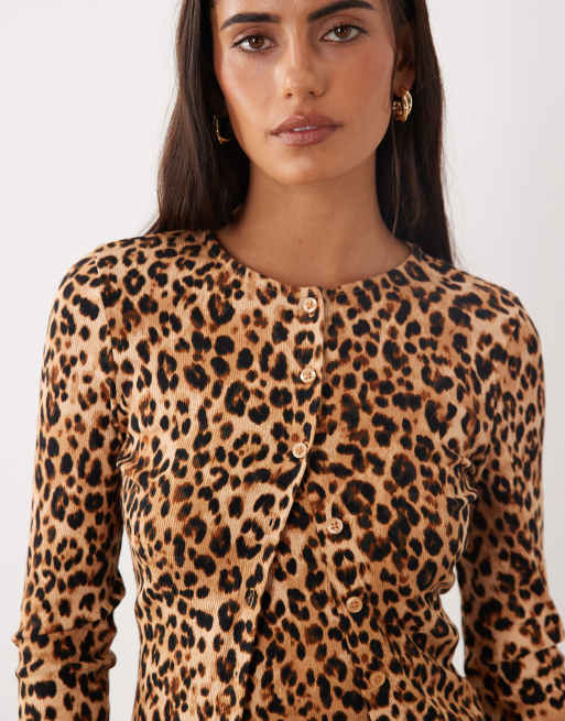 Miss Selfridge ribbed cardigan and cami set in animal print, 3 of 4