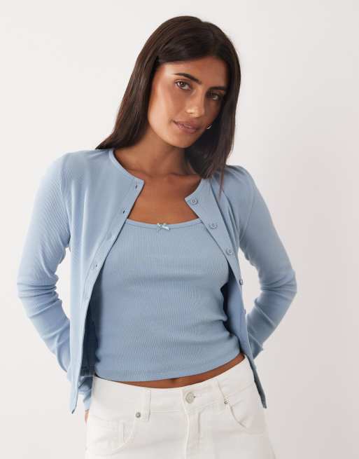 Miss Selfridge ribbed cardigan and cami set in blue, 3 of 4