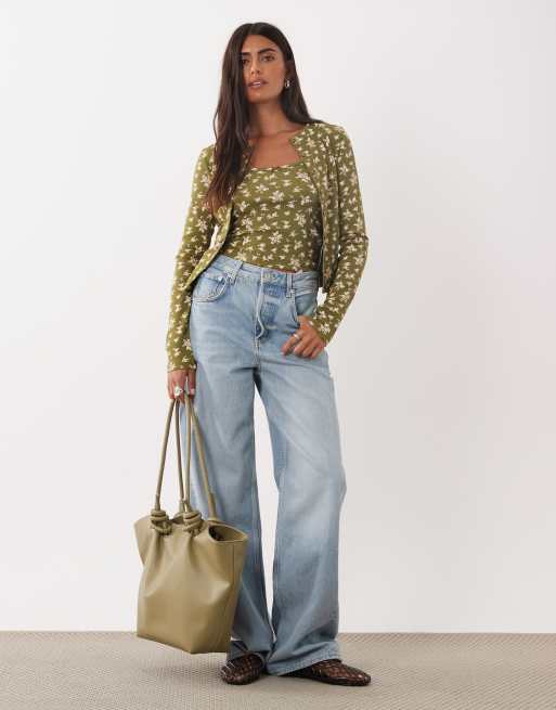 Miss Selfridge ribbed cardigan and cami set in ditsy print, 2 of 4