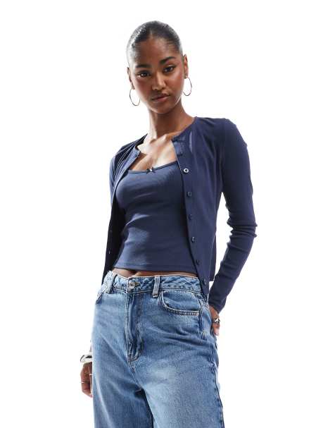 Miss Selfridge ribbed cardigan and cami set in navy - view 1