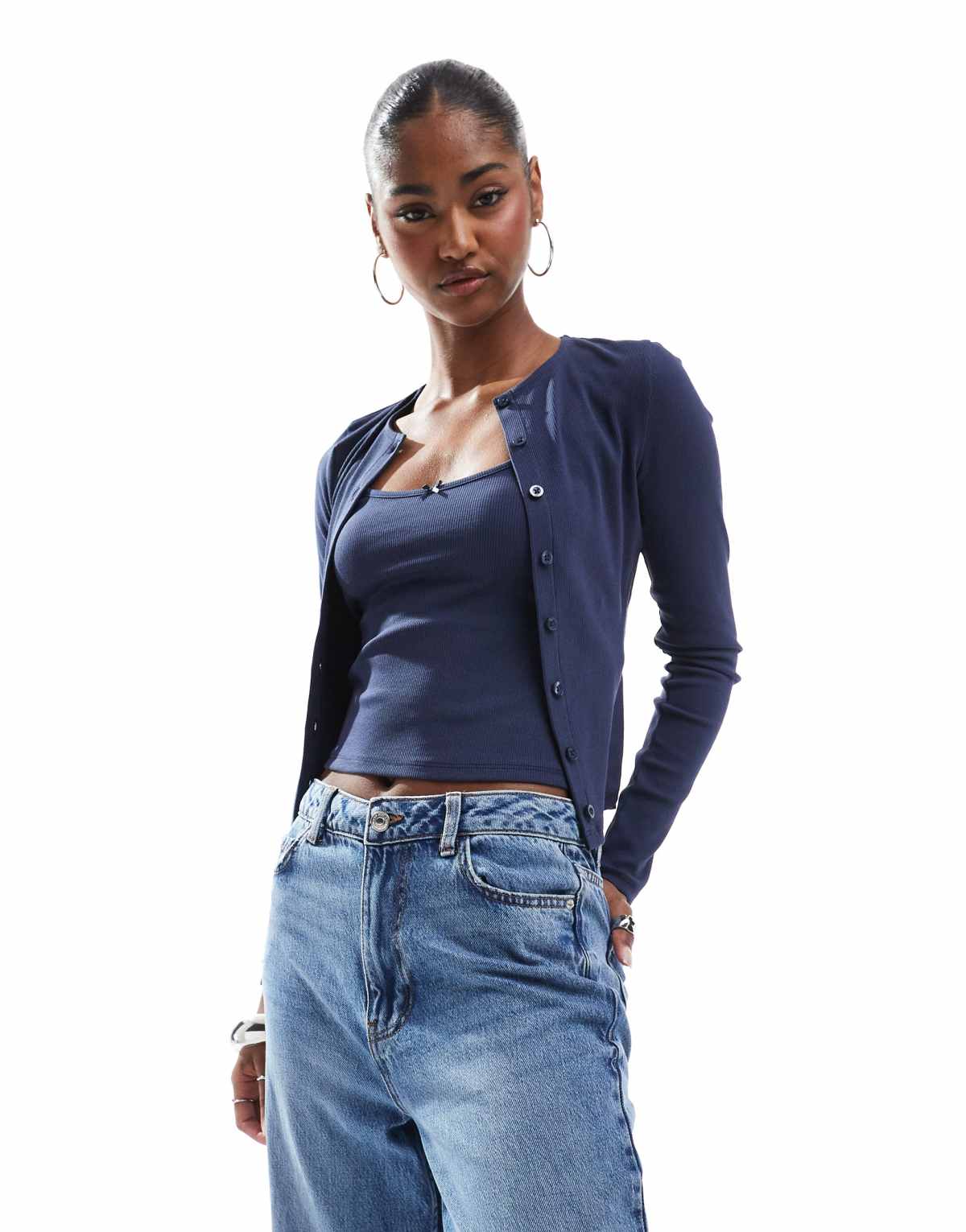 Miss Selfridge ribbed cardigan and cami set in navy