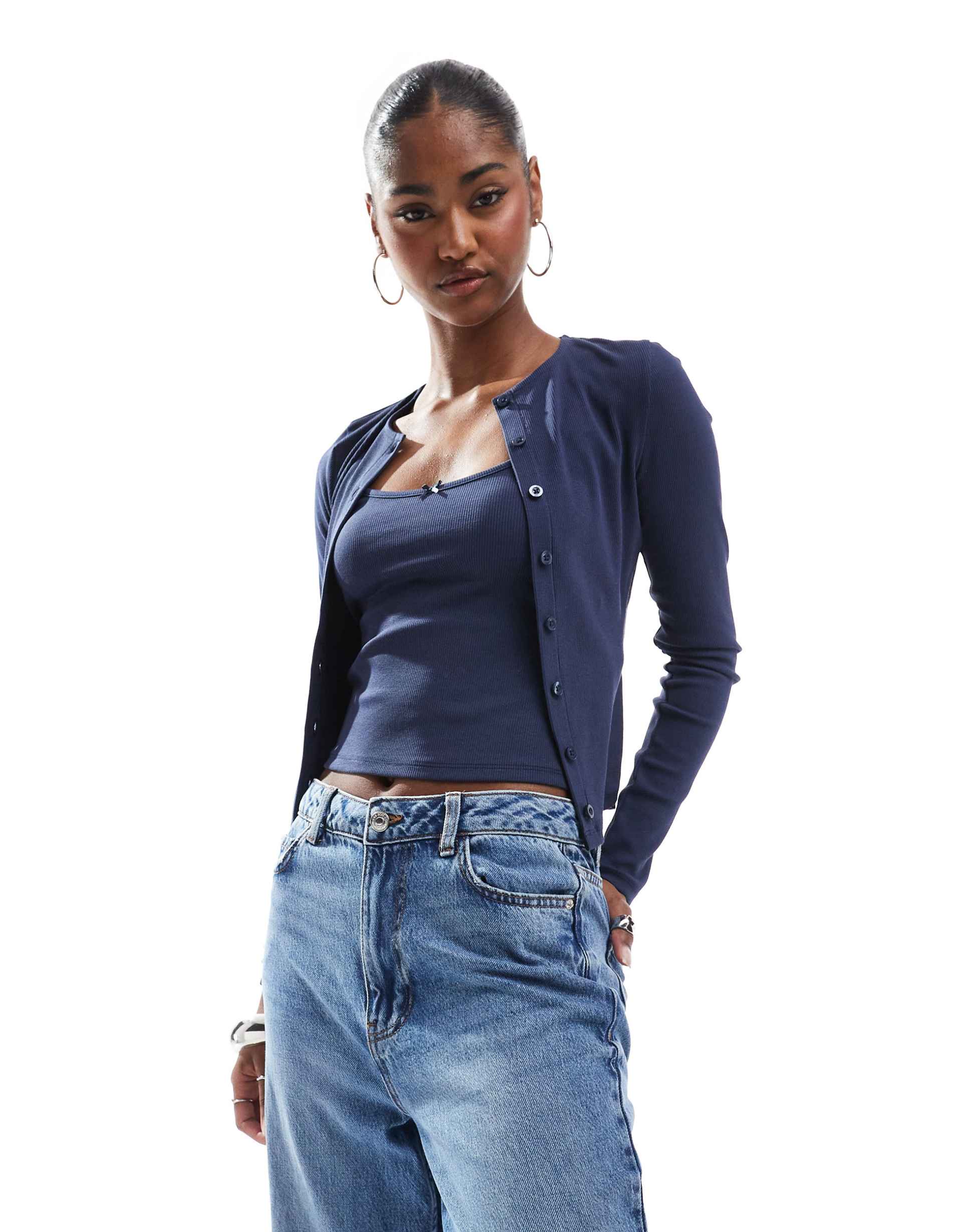 miss selfridge ribbed cardigan and cami set in navy