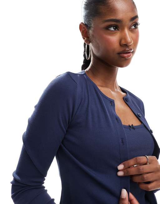 Miss Selfridge ribbed cardigan and cami set in navy
