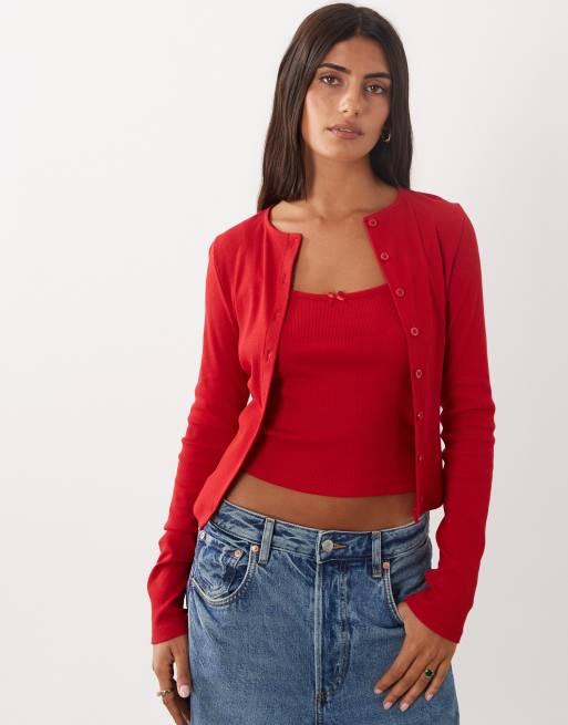 Miss Selfridge ribbed cardigan and cami set in red, 2 of 4