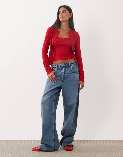 Miss Selfridge ribbed cardigan and cami set in red, 3 of 4