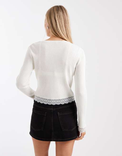 Miss Selfridge ribbed cardigan with lace detail in cream, 3 of 4
