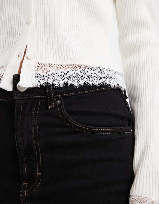 Miss Selfridge ribbed cardigan with lace detail in cream, 4 of 4