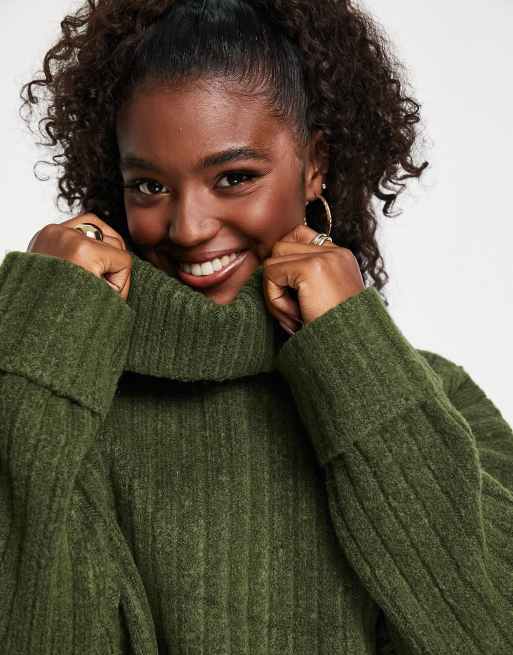 Miss Selfridge ribbed chunky turtle neck sweater in olive