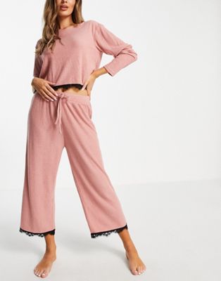 Miss Selfridge ribbed cropped lace top and cullote pyjama set