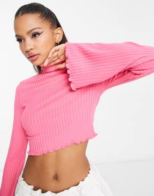 Miss Selfridge Ribbed Flare Sleeve Lettuce Top In Pink-purple